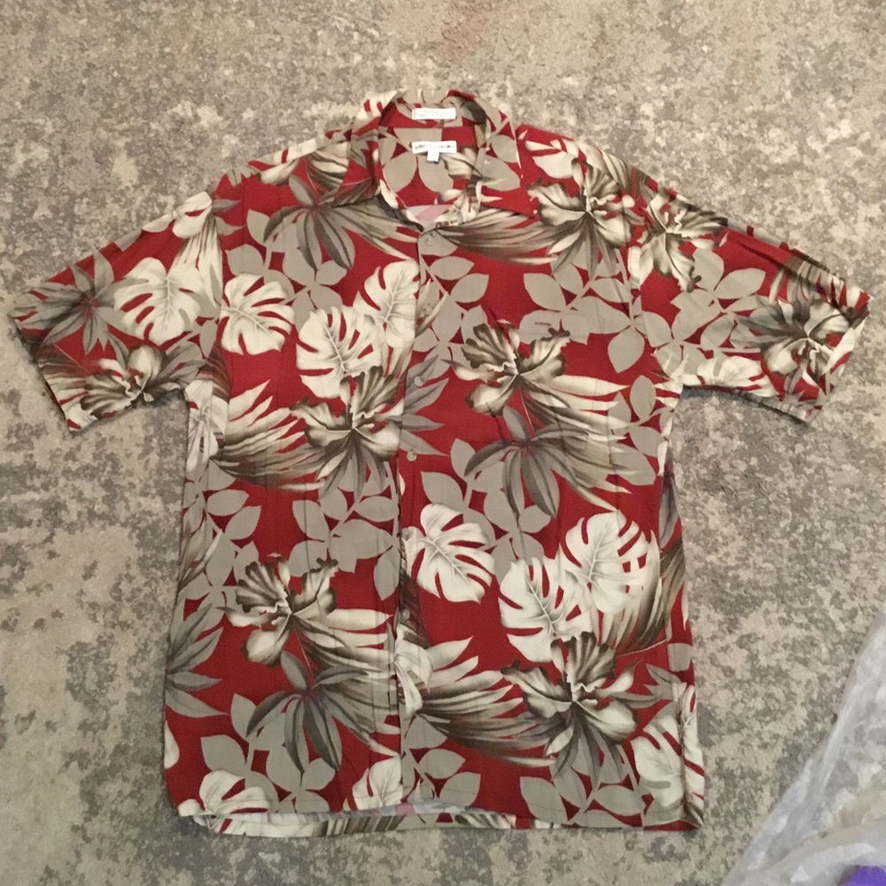 Vintage Pierre Cardin men’s short sleeve button up shirt, red tropical Hawaiian